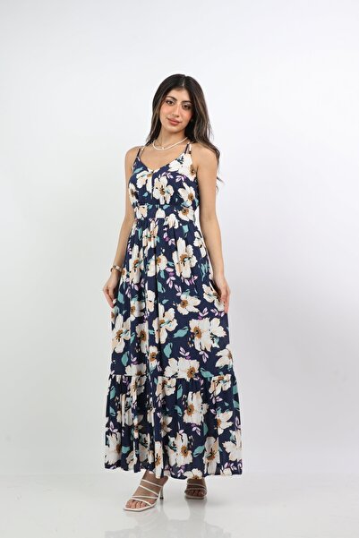 mica Floral Long Loose Dress with Round Neck and Thin Straps