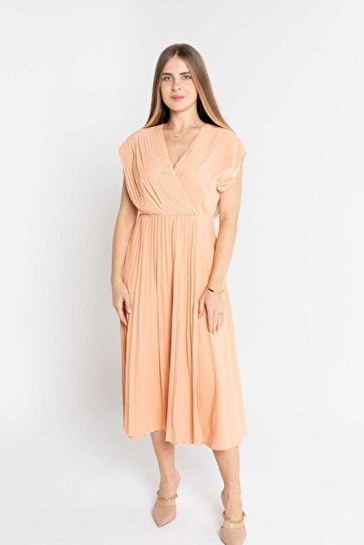mica Plain Midi Dress with Pleats and Waist Detail