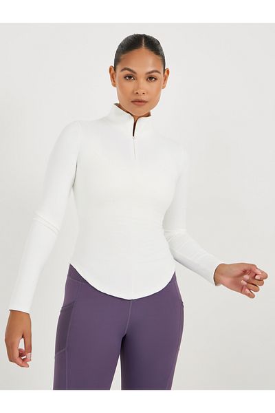 Styli Curved Hem Half Zip Long Sleeve Top