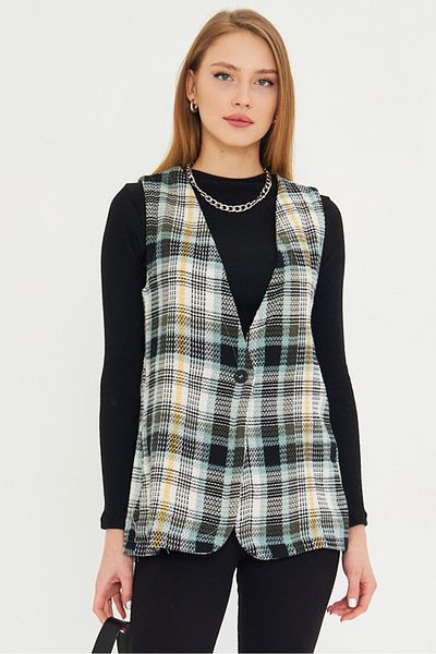 armonika Women's Turquoise V-Neck Single Button Oversize Plaid Vest Arm-25K 001111