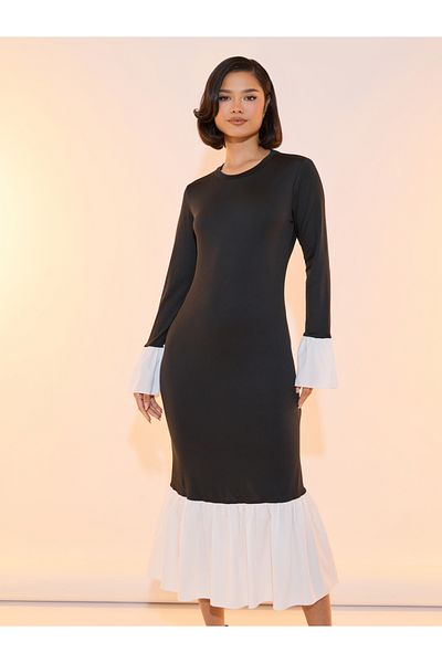 Take Two By Styli Contrast Hem Round Neck Bodycon Midi Dress