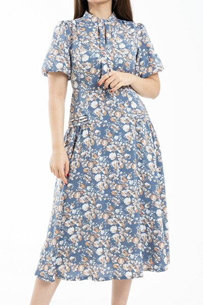 mica Women's Short Sleeve Printed Midi Dress with Waist Detail