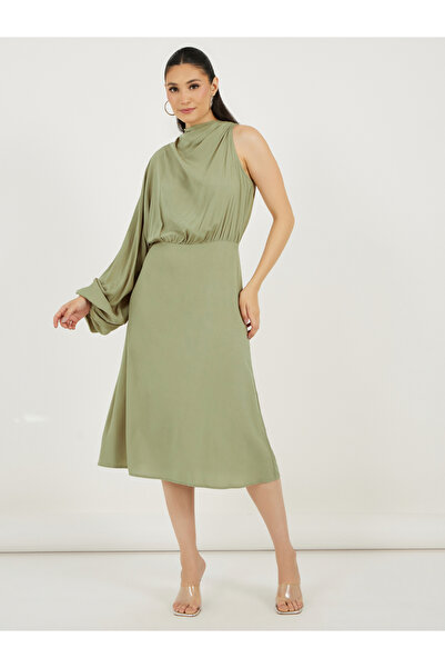 Styli One Sleeve Sheath Midi Dress with Back Tie Up Detail