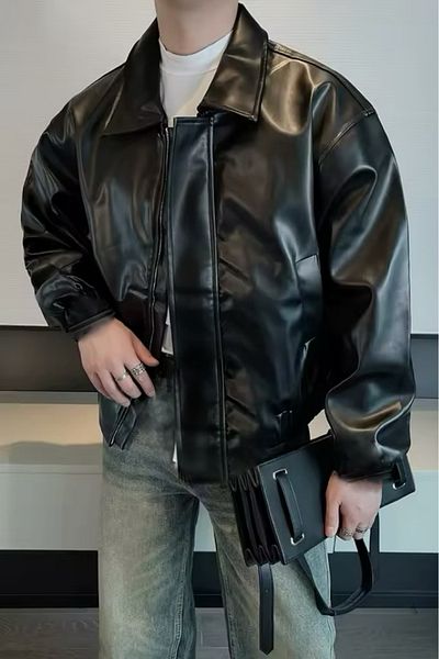 çerme Jachetă de piele Bomber neagră oversize pentru bărbați