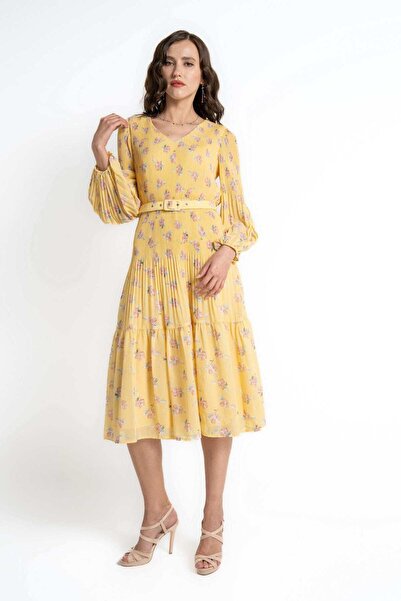 mica فستان ميدي مطبوع بأكمام طويلة للنساء