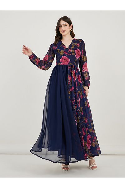 Maxim Creation By Styli Floral Print Pleated Hem Drape Maxi Dress