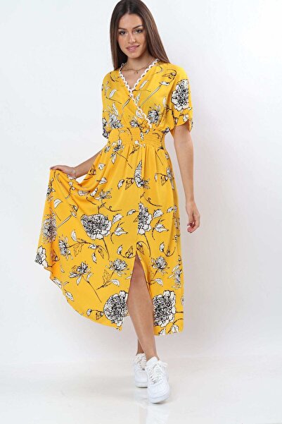 mica Printed Midi Wrap Dress with Short Sleeves and Thigh Slit