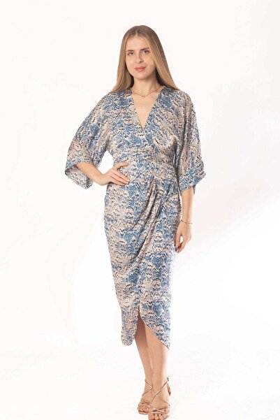 mica فستان نسائي مطبوع ملفوف متوسط الطول بأكمام 3/4