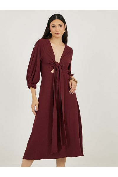 Styli Deep V Neck A-Line Midi Dress with Tie Up Detail