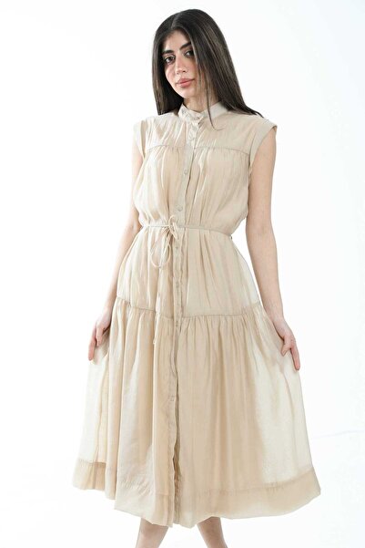 mica فستان ميدي سادة بأزرار أمامية وأكمام قصيرة للنساء