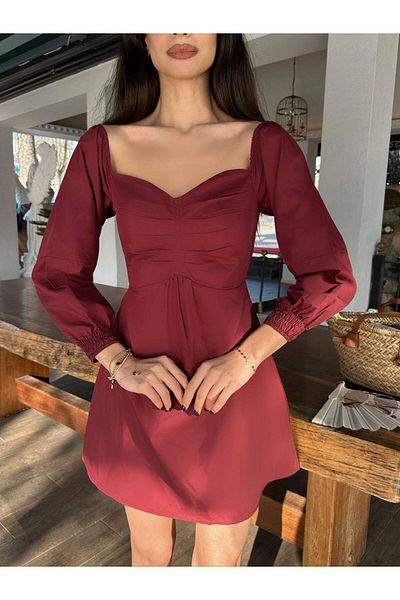 LOCH BUTİK ROCHIE MINI ROCHIE DE FEMEIE BURGUNDĂ CU GULER FRONTAL CU MÂNECĂ STRÂNSĂ