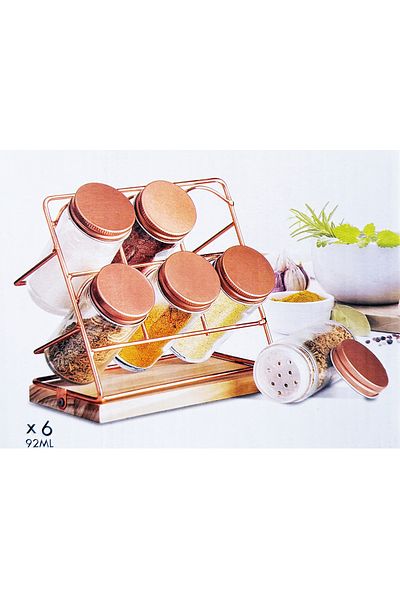Bonjour 6-Piece Glass Spice Rack / Vacuum Lid with Metal Lid and Metal Stand