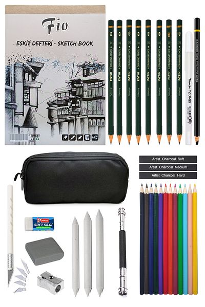 ACUTO Fio A4 Sketchbook with Pen Holder Sketching Set Charcoal Drawing Set Coloring Set Gel Pen Charcoal Pen