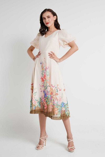 mica Floral Midi Dress with Short Sleeves for Women