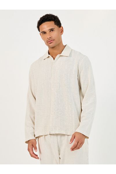 Styli Textured Woven Striped Long Sleeve Shirt & Pyjama Set