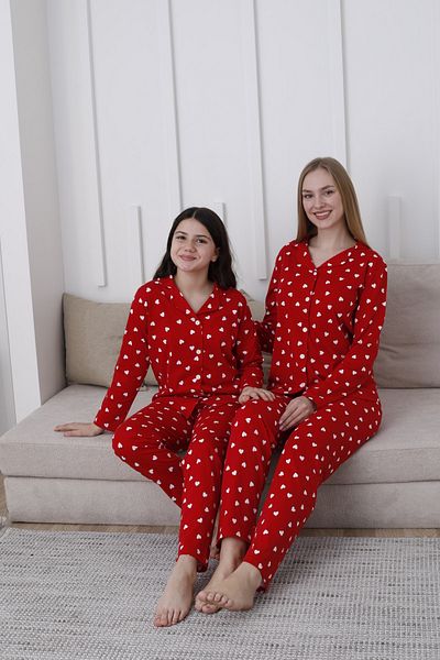KAPİTEX Sweetheart Mother Daughter Size Buttoned Red Color Heart Pajamas Set