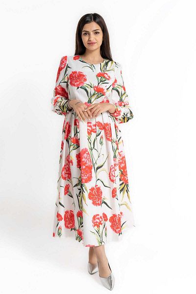 mica Long Sleeve Midi Dress with Large Floral Print