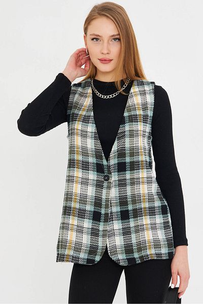 armonika Women's Turquoise V-Neck Single Button Oversize Plaid Vest Arm-25K 001111