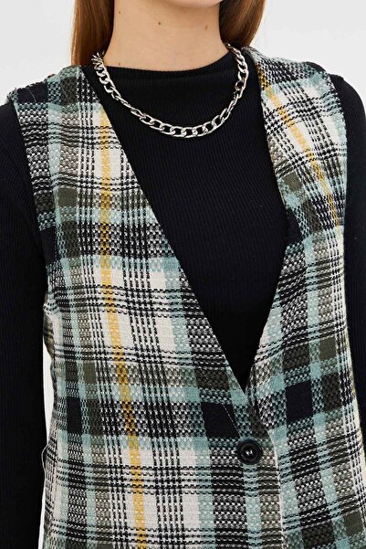 armonika Women's Turquoise V-Neck Single Button Oversize Plaid Vest Arm-25K 001111