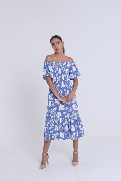 mica Off-Shoulder Midi Dress with Short Sleeves