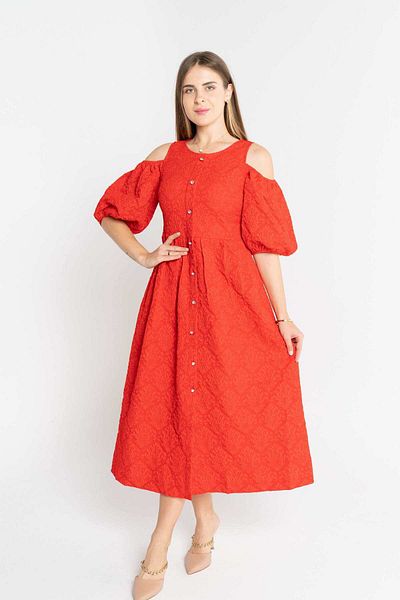 mica Women's Off-Shoulder Midi Dress with Front Buttons