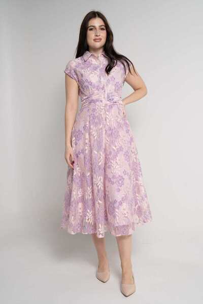 mica فستان ميدي بأكمام قصيرة مطرز بأزرار أمامية