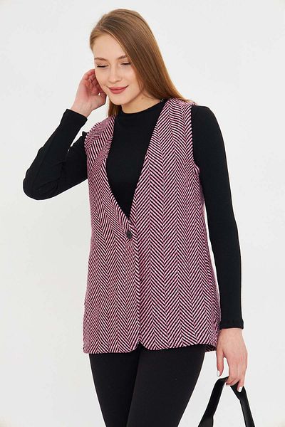armonika Women's Pink V-Neck Single Button Oversize Print Vest Arm-25K 001110