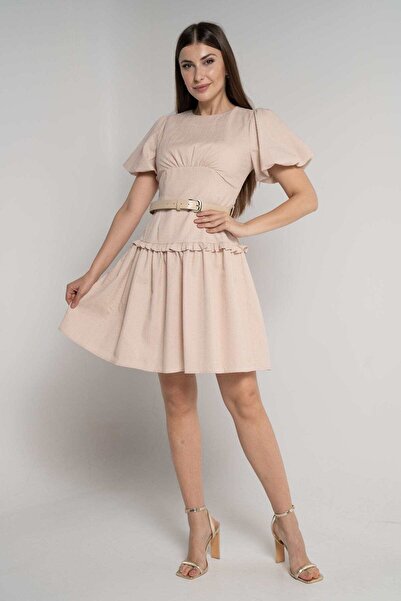 mica Knee-Length Plain Women's Dress with Short Sleeves and Waistline