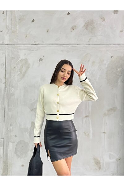 charm butik Γυναικεία ζακέτα με ριγέ χρυσό γιακά ποδηλάτου Crop πλεκτά