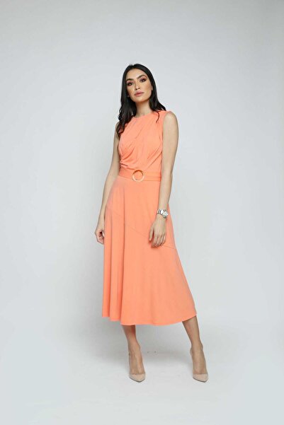 mica Sleeveless Plain Midi Dress with Waist Belt