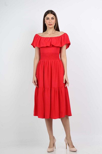 mica Off-Shoulder Fluffy Midi Dress with Short Sleeves