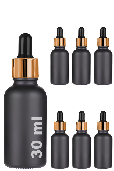 Afracam 30 ml Mat Siyah Cam Damlalıklı Serum Şişesi 30 cc Gold Metal Kapaklı Dropper Cam Şişe 6 Adet