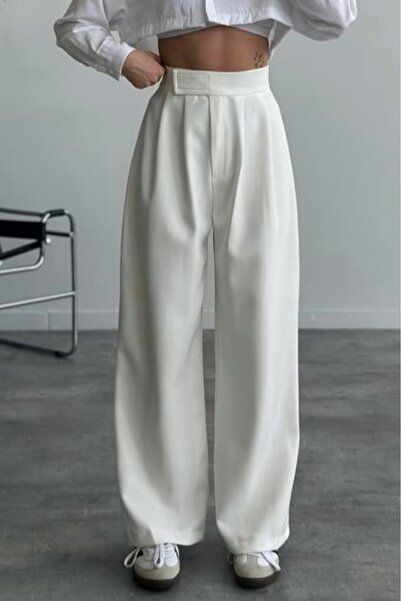 bb butik basic Beyaz Cırtlı Palazzo Pantolon