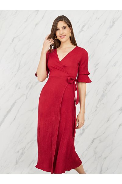 Styli Crepe Frill Layer Sleeves Wrap Midi Dress