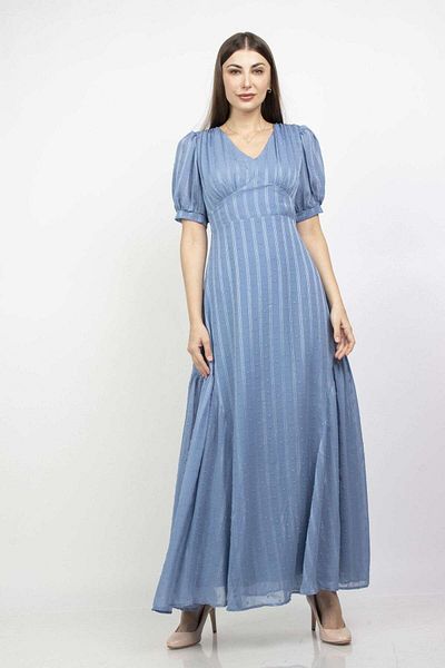 mica Short Puff Sleeve Striped Pattern Long Dress