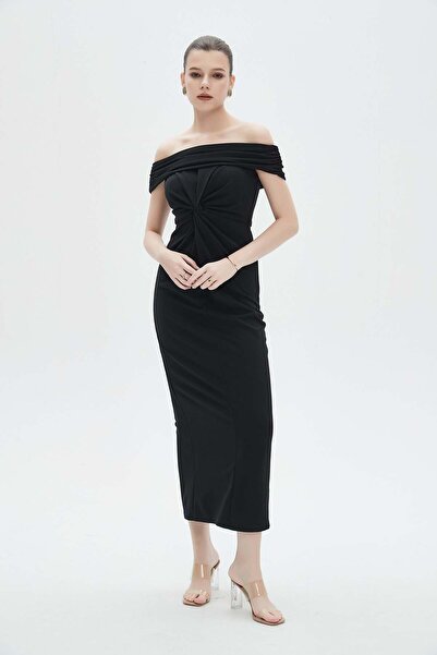 mica Plain Off-Shoulder Ruffled Midi Dress