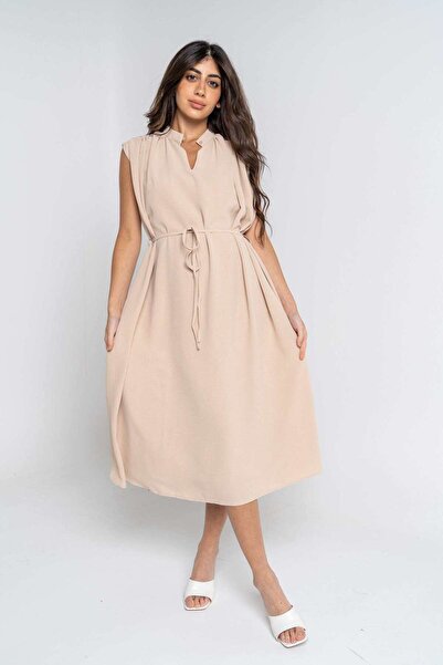 mica Sleeveless Plain Midi Dress with Waist Tie