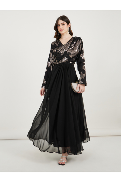 Maxim Creation By Styli Foil Panel Print Draped Maxi Dress