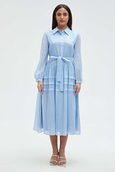 mica فستان ميدي سادة برباط على الخصر وأكمام طويلة