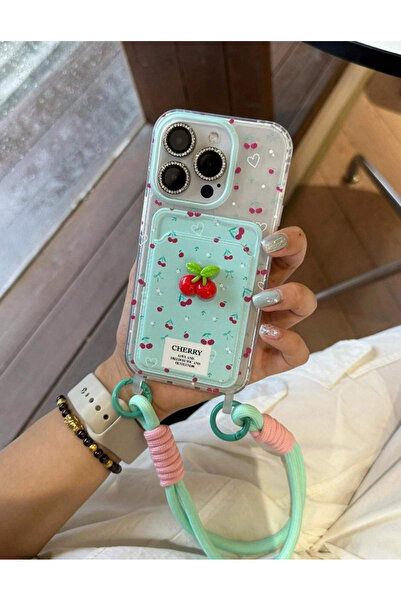 FİŞNEİLETİŞİM 16 PRO UYUMLU KİRAZ DESENLİ KREDİ KARTLIKLI BİLEK AKSESUARLI KILIF