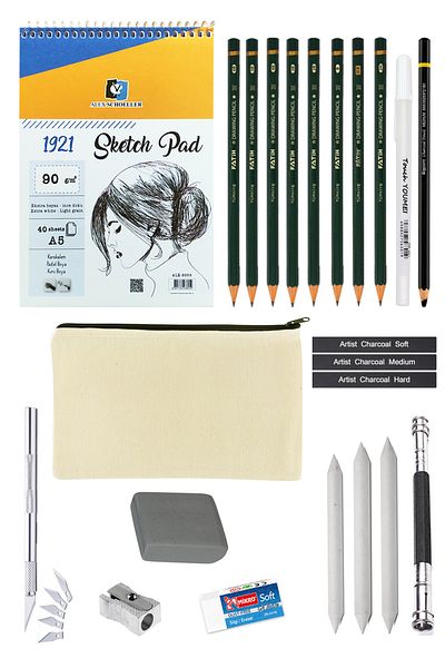 ACUTO Alex Schoeller A5 Sketchbook Canvas Sketching Set with Cloth Bag Charcoal Drawing Set White Gel Pen