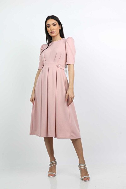 mica فستان ميدي بحزامين جانبيين وأكمام قصيرة منفوخة