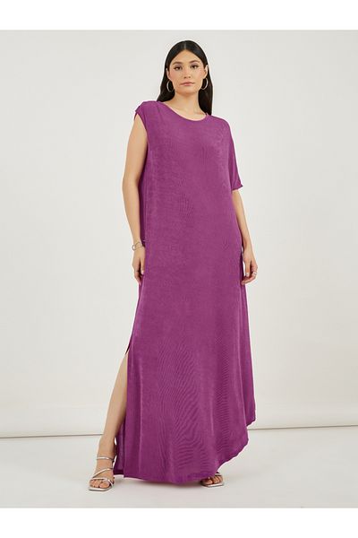 Styli Texture Knit Side Slit Shift Maxi Dress