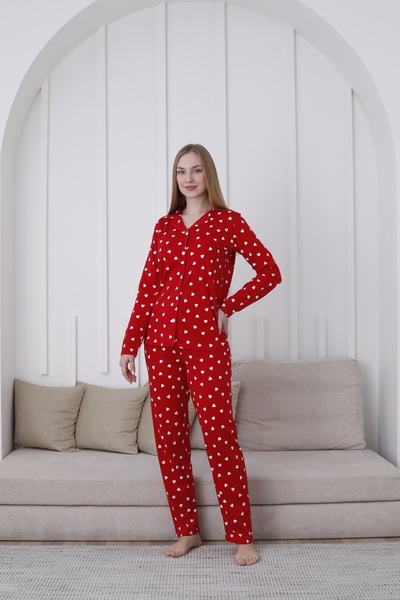 Genel Markalar Sevgililer Anne Kız Boydan Düğmeli Kırmızı Renk Kalpli Pijama Takımı