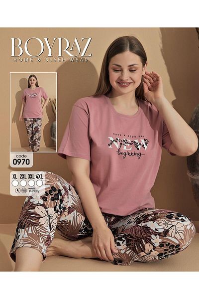 BEYAZTOPTAN Quality Women's Combed Combed Short Sleeve Battal Pjama Suit