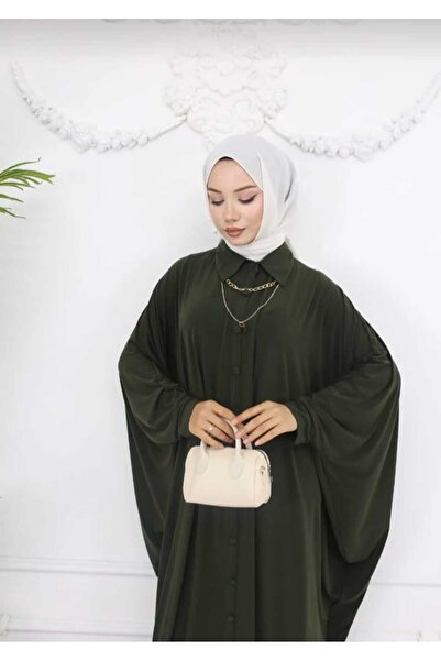 ECK MODA Women's Oversize Bat Sleeve Long Front Buttoned Lycra Sandy Fabric Necklace Detail Ferace