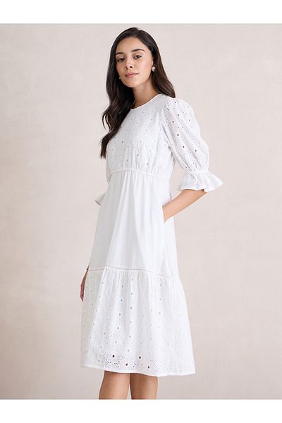 Styli Cotton Schiffli Tiered Midi Dress