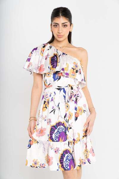 mica Short Printed Dress with Shoulder Straps and Waist Tie