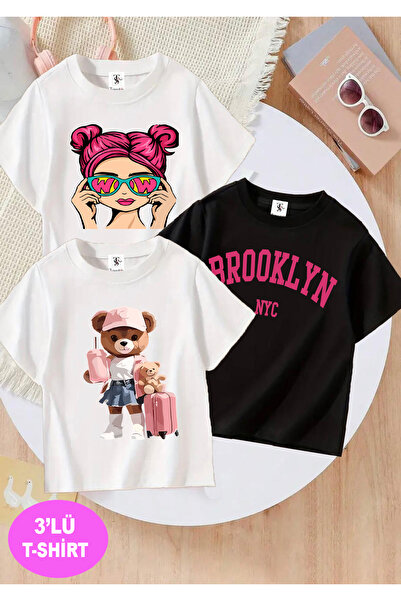 twins tailors Devojčica Štampano 3-paket crno-bijeli devojčin T-shirt