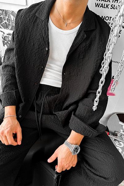 HAFKAGİYİM Черна риза с текстурирана вафла Premium Oversize